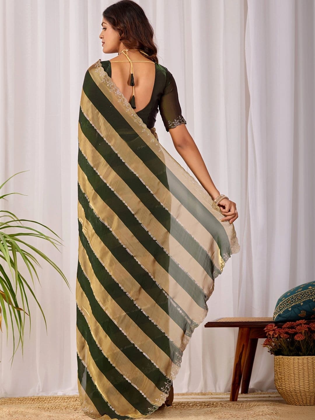 K 5 Fashion Striped Embroidered Satin Fusion Ikat Saree thumbnail 3