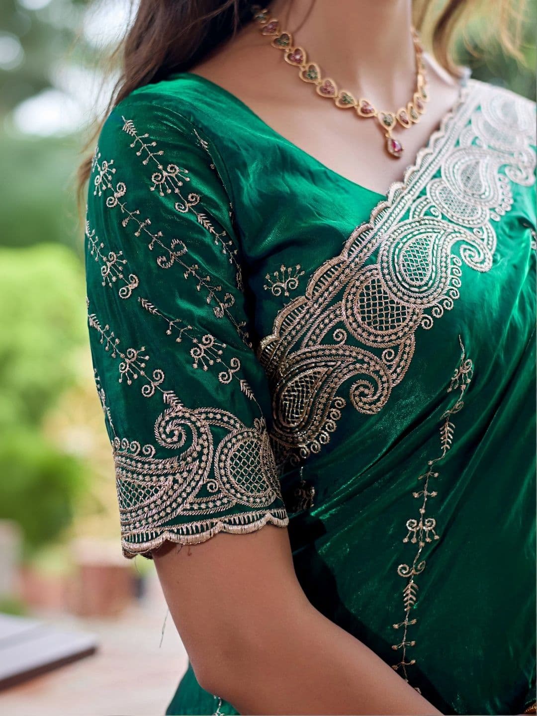 K 5 Fashion Ethnic Motifs Embroidered Satin Fusion Ikat Saree thumbnail 6