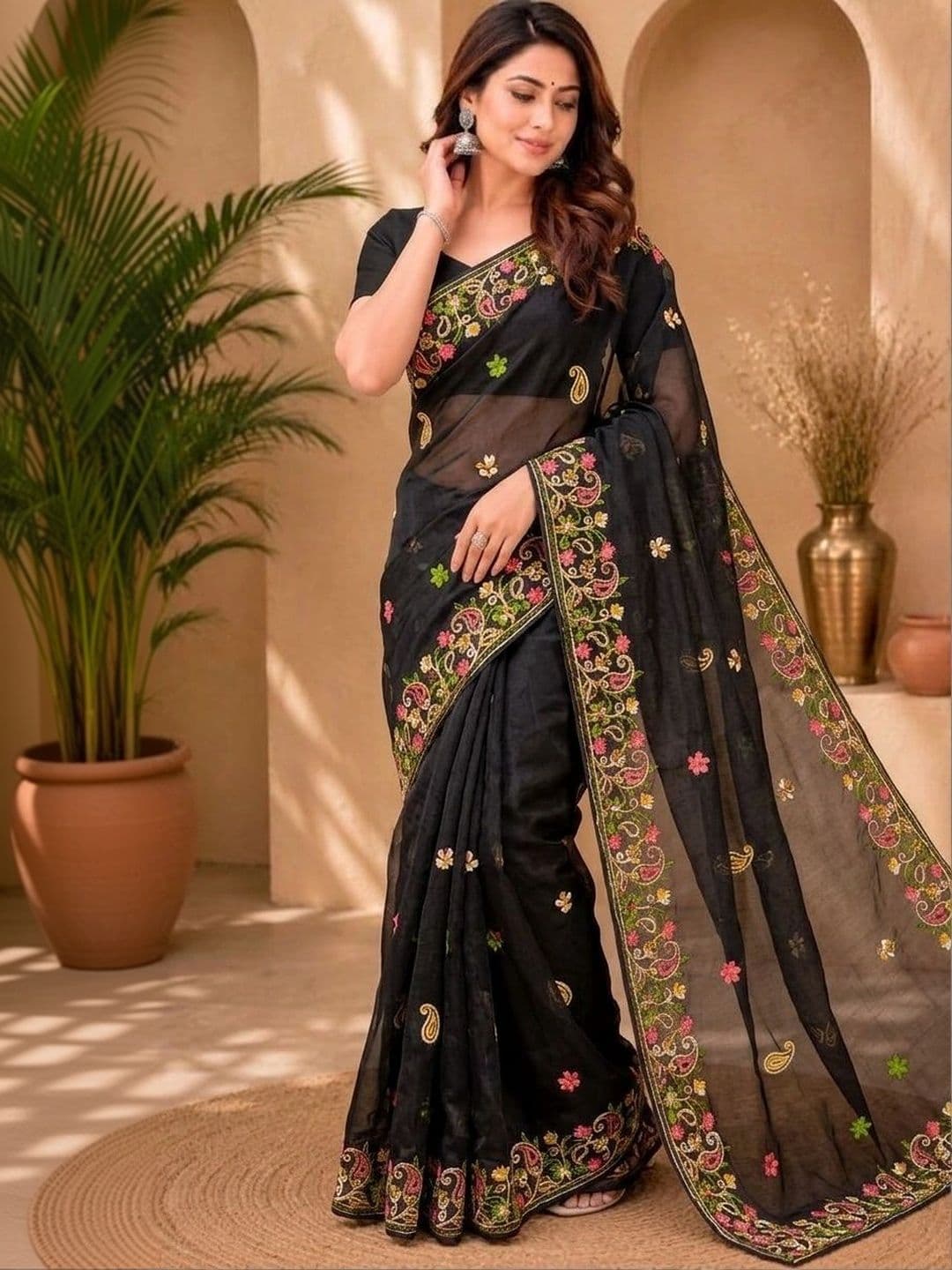 akhodalkrp Floral Embroidered Net Saree - view 1