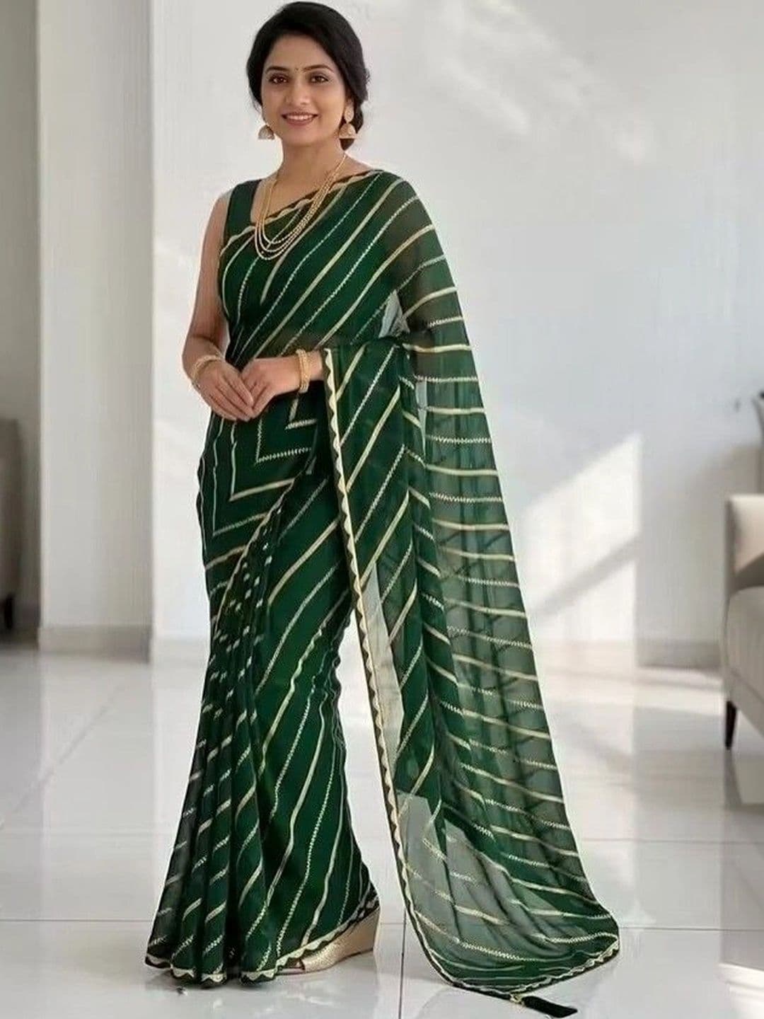RENBRIZA Striped Zari Poly Georgette Leheriya Saree - view 1