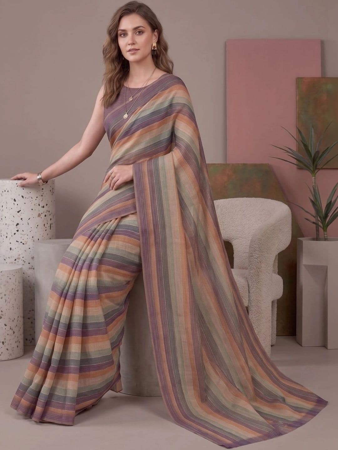 BORAD FASHION Striped Designer Chanderi Saree thumbnail 2