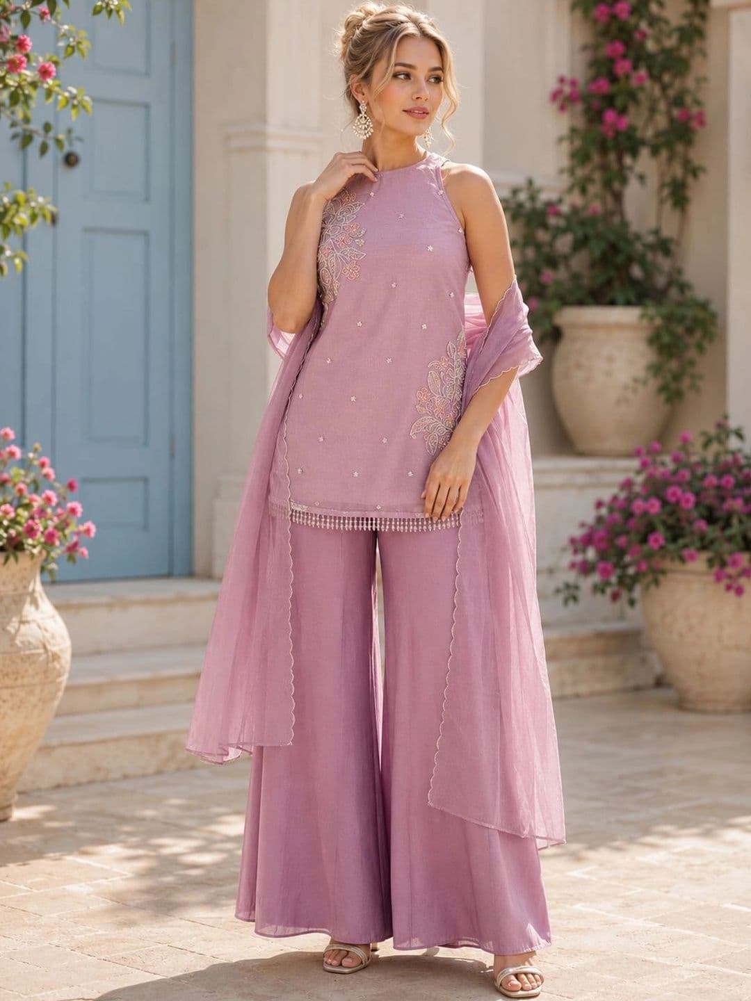 KALINI Women Embroidered Regular Beads and Stones Kurti with Palazzos & With Dupatta - view 1