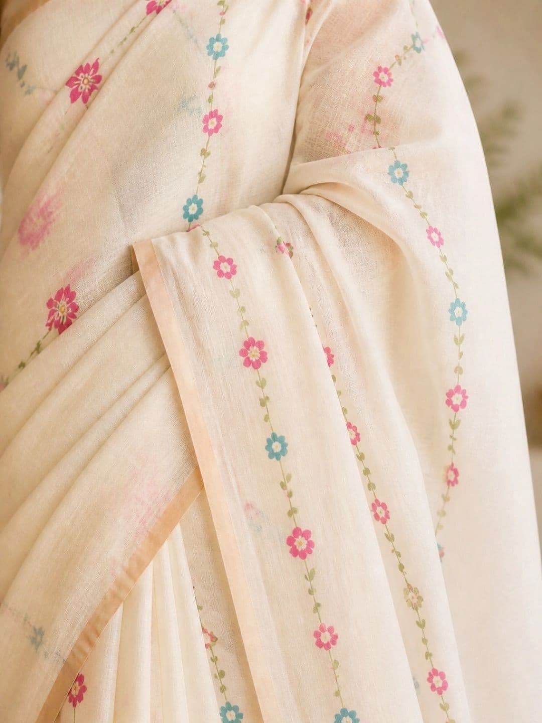 Saatika Cotton Linen Floral Printed Saree with Unstitched Blouse thumbnail 4