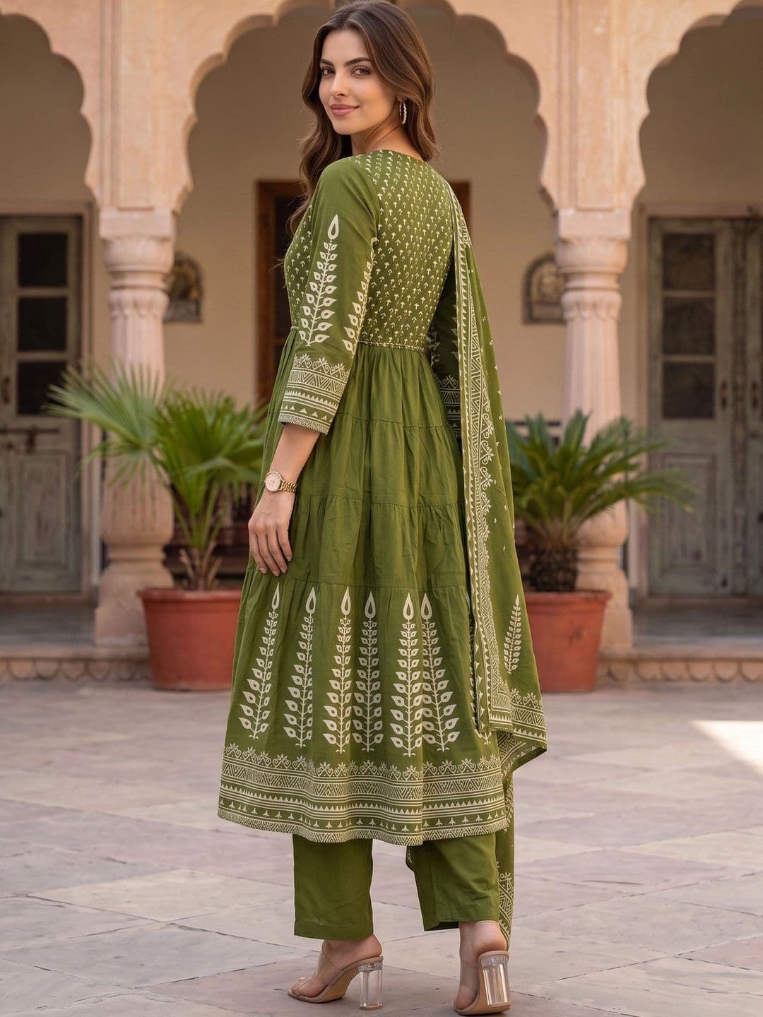 Sangria Women Ethnic Motifs Embroidered Tiered Thread Work Pure Cotton Kurta with Trousers & With Dupatta thumbnail 3