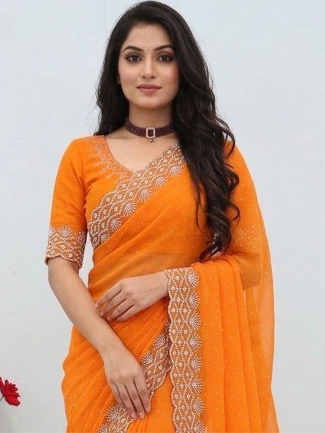 SmileyFashion Embellished Embroidered Pure Georgette Designer Saree thumbnail 2