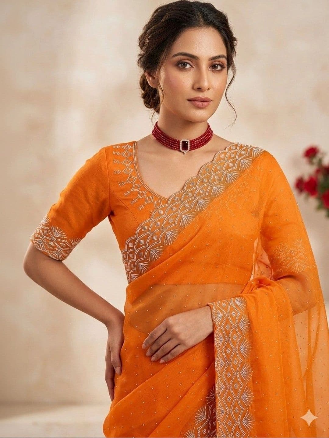 SmileyFashion Embellished Embroidered Pure Georgette Designer Saree thumbnail 4