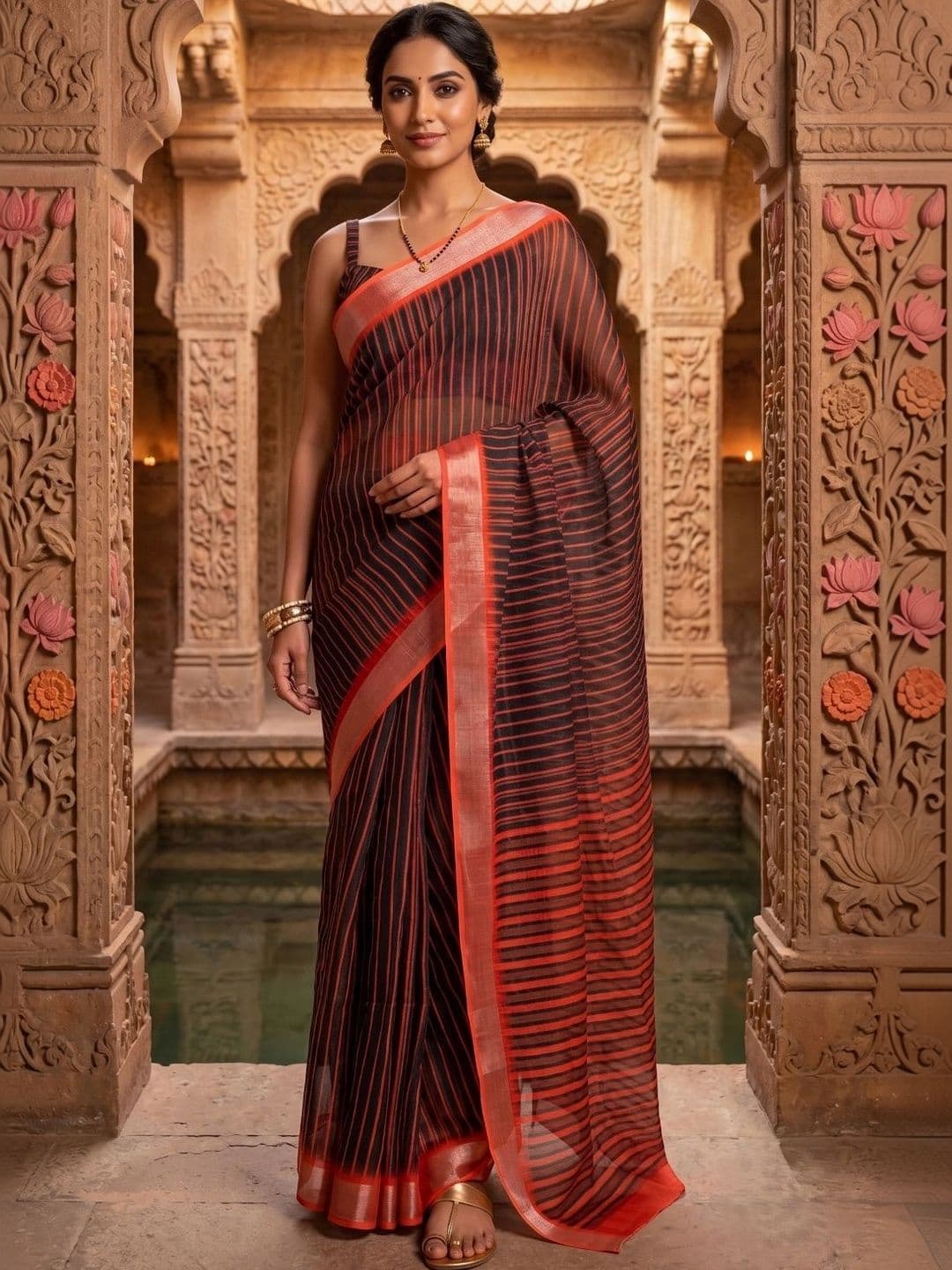 BORAD FASHION Striped Designer Chanderi Saree - view 1