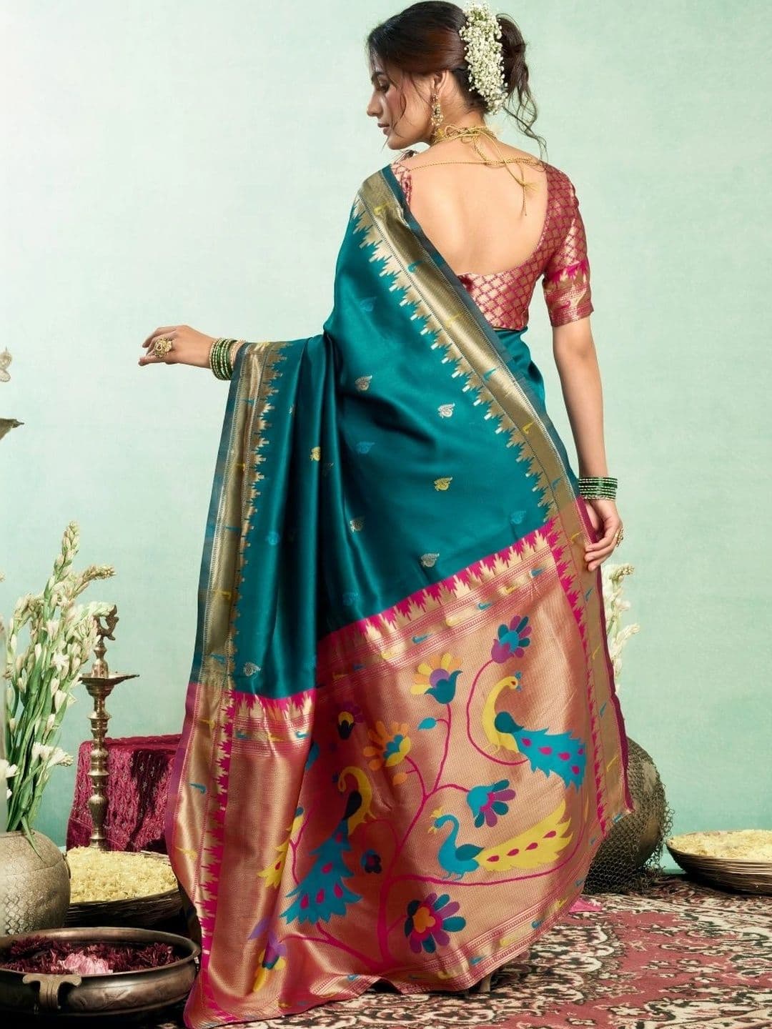 BORAD FASHION  Women Woven Design Zari Silk Blend Designer Paithani Saree thumbnail 4