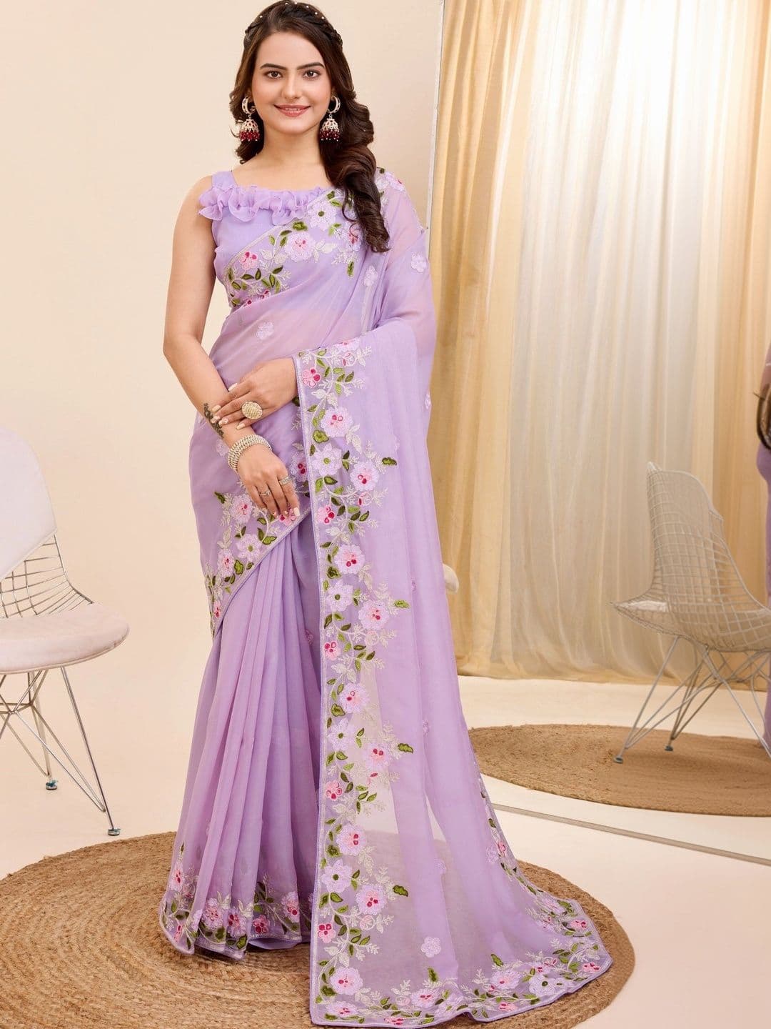 akhodalkrp Floral Embroidered Net Saree - view 1