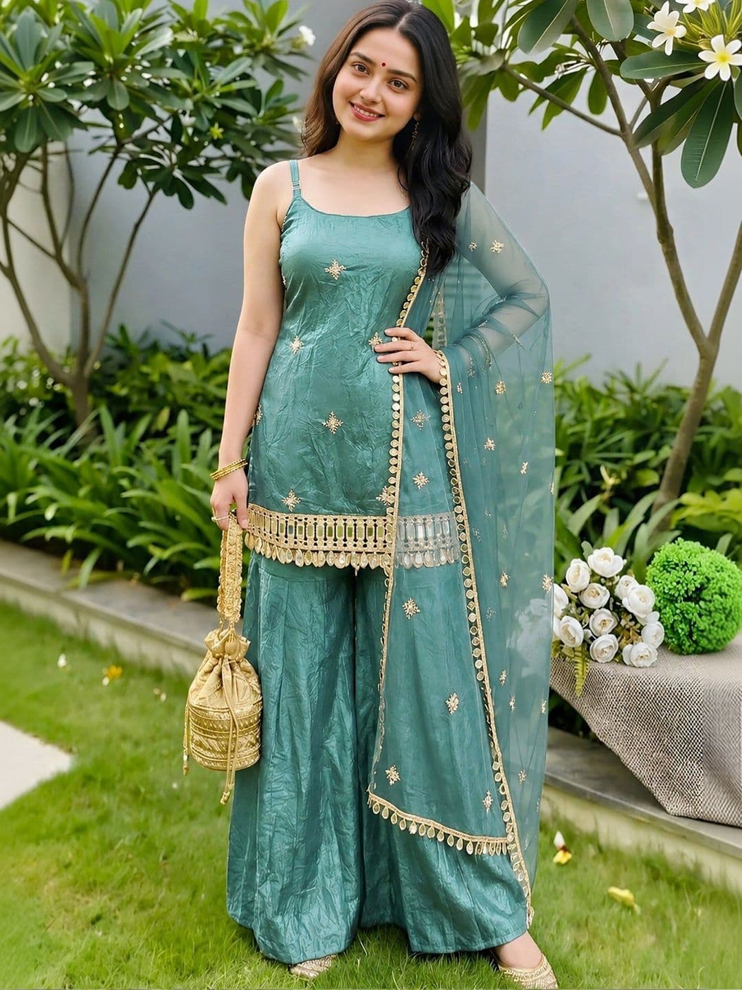 evadesignerstudio Women Ethnic Motifs Embroidered Regular Gotta Patti Kurti with Sharara & With Dupatta thumbnail 2