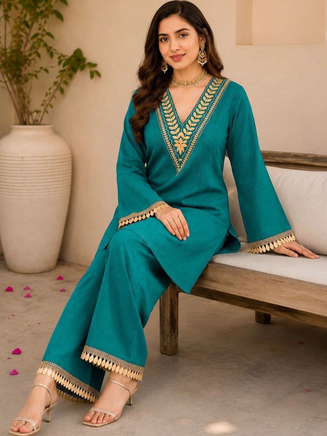 BILANZA Women Ethnic Motifs Embroidered Regular Kurta with Palazzos thumbnail 2