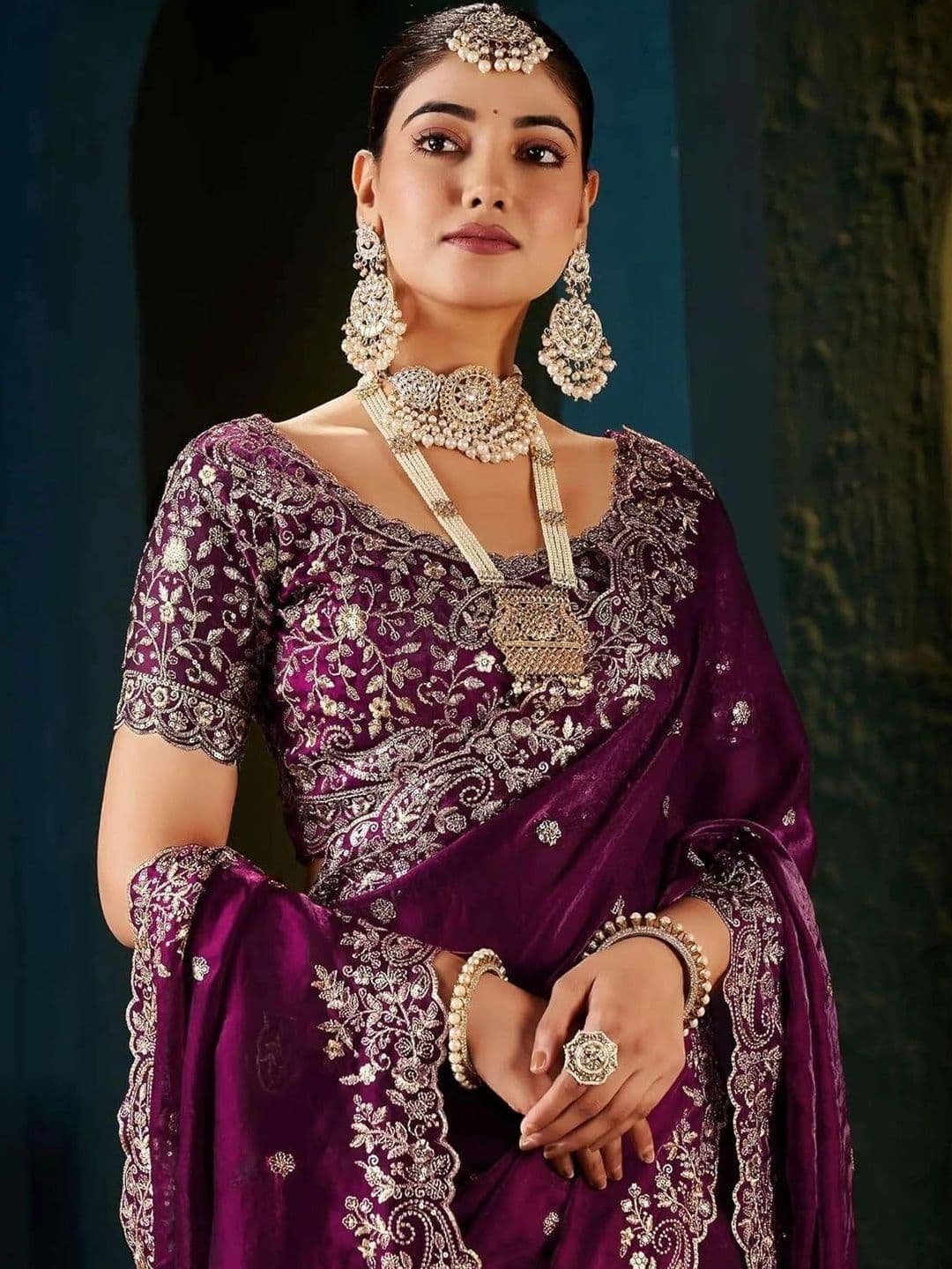 KALINI Embellished Embroidered Silk Blend Heavy Work Saree thumbnail 2