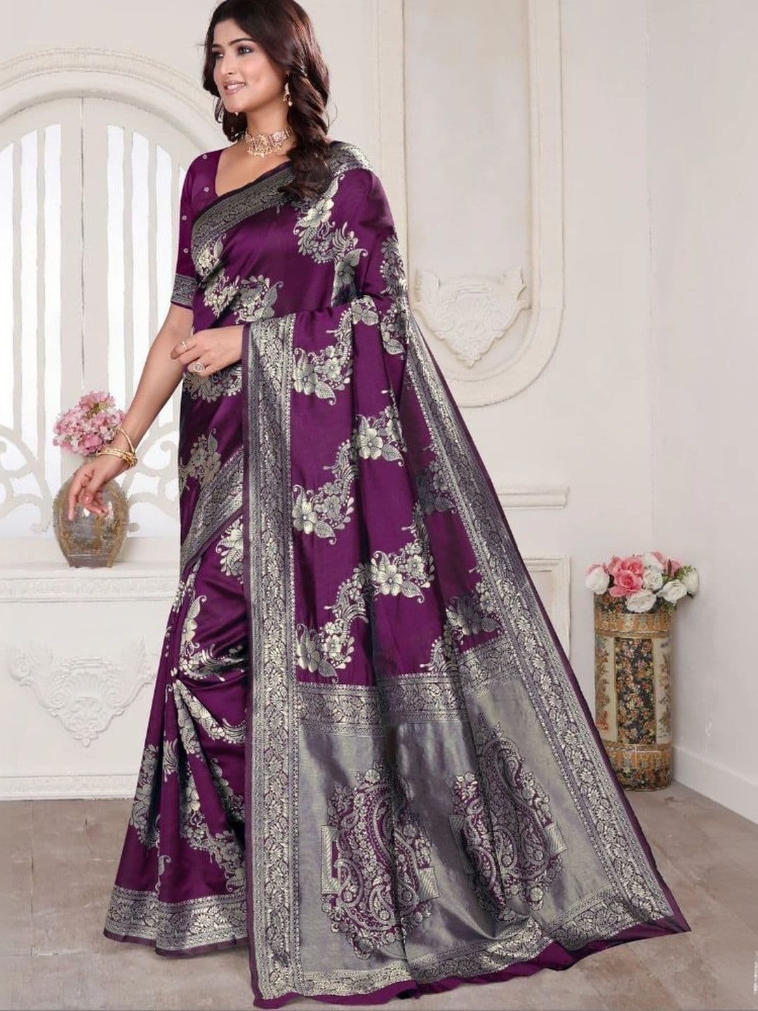 revika Floral Zari Art Silk Designer Kanjeevaram Saree thumbnail 6
