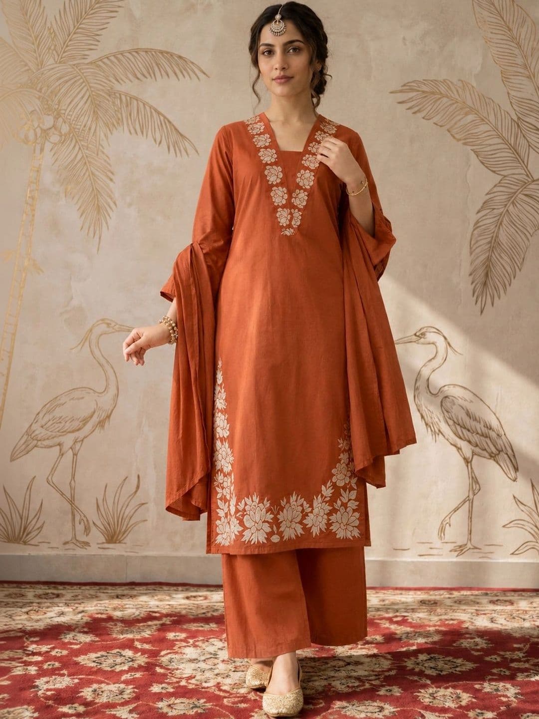 Sangria Women Ethnic Motifs Embroidered Regular Thread Work Kurta with Palazzos & With Dupatta - view 1