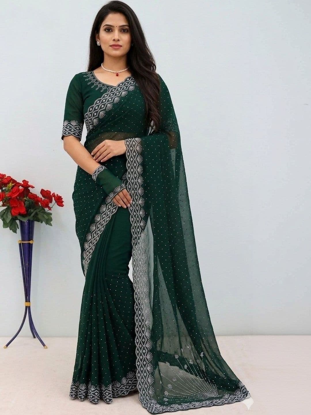 SmileyFashion Embellished Pure Georgette Designer Saree - view 1