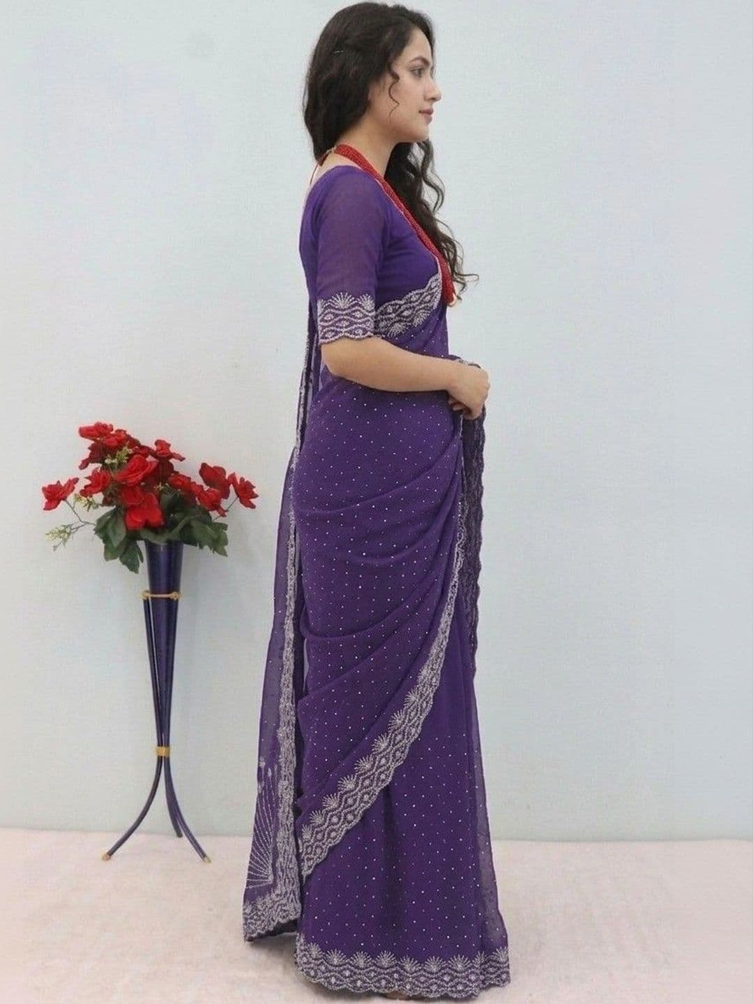 SmileyFashion Embellished Embroidered Pure Georgette Designer Saree thumbnail 5