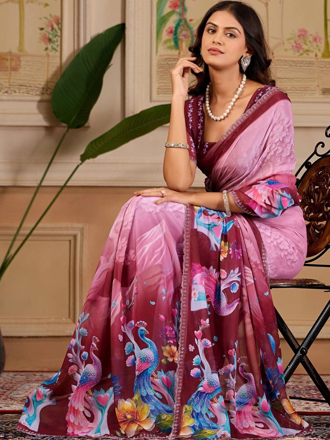 K 5 Fashion Ethnic Motifs Embroidered Pure Georgette Fusion Ikat Saree thumbnail 4