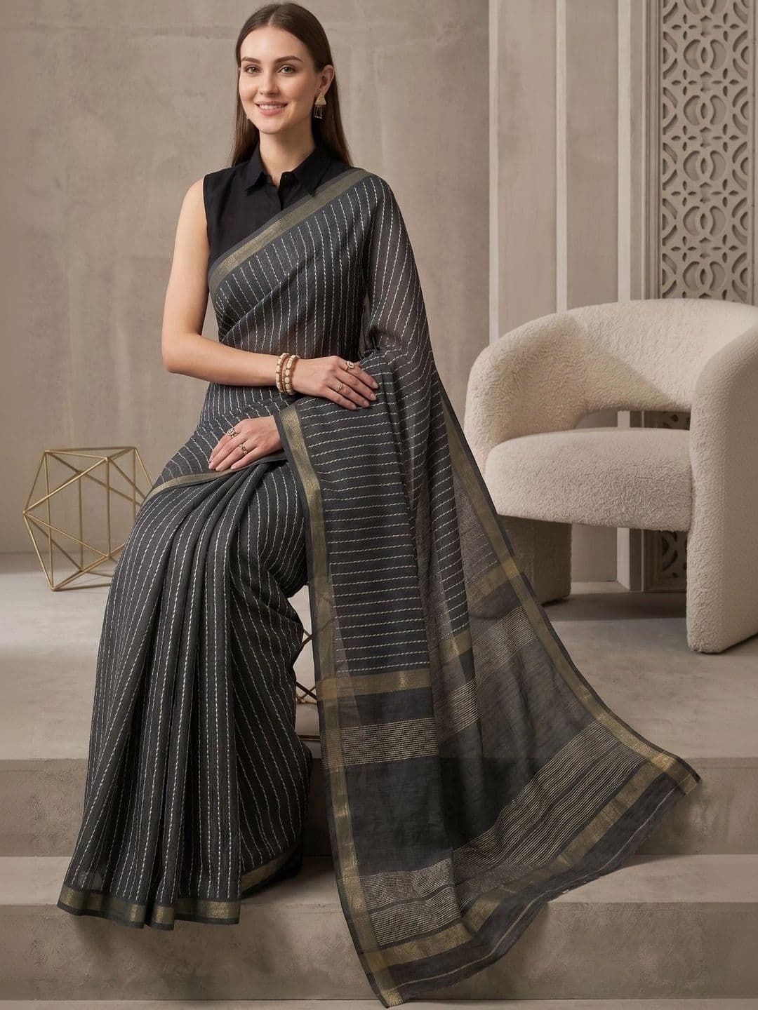 BORAD FASHION  Women Striped Designer Chanderi Saree thumbnail 2