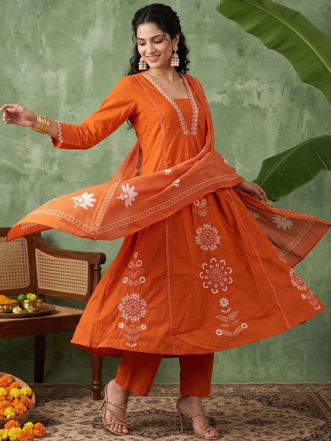 Anouk Women Ethnic Motifs Printed Empire Pure Cotton Kurta with Trousers & With Dupatta thumbnail 3