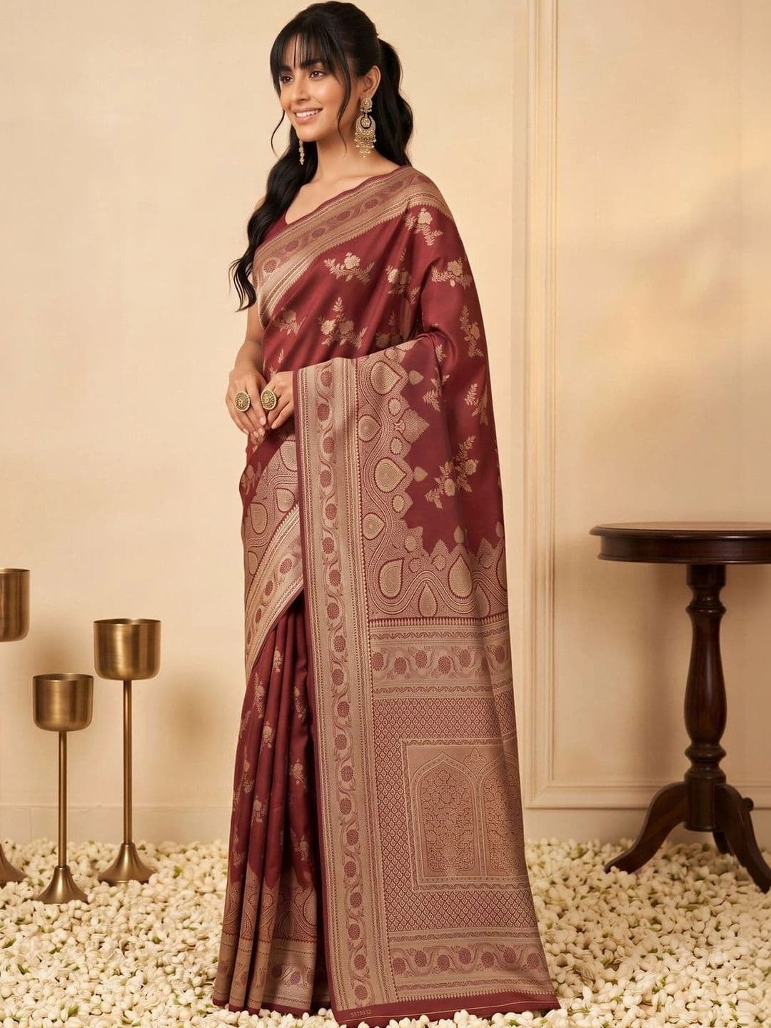all about you Woven Design Zari Silk Blend Designer Banarasi Saree thumbnail 3