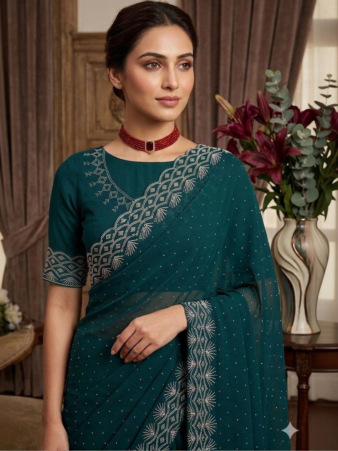 SmileyFashion Embellished Embroidered Pure Georgette Designer Saree thumbnail 2