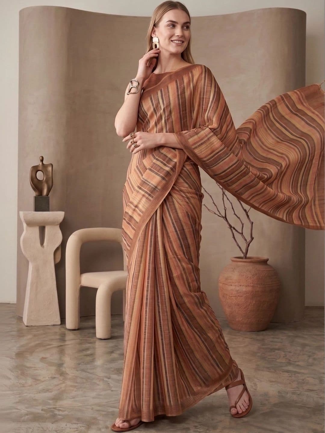 BORAD FASHION Women Striped Designer Chanderi Saree thumbnail 4