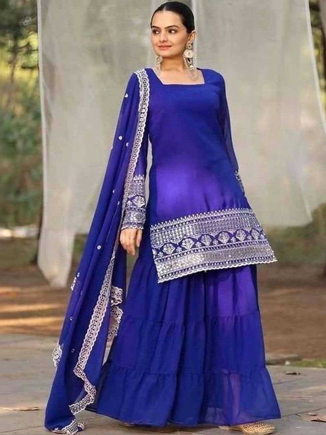ANVERI TEXTILES Women Ethnic Motifs Embroidered Regular Kurta with Sharara & With Dupatta thumbnail 4
