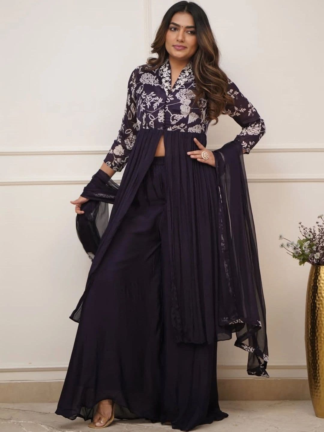 Anouk Women Floral Printed Empire Beads and Stones Kurta with Palazzos & With Dupatta thumbnail 5