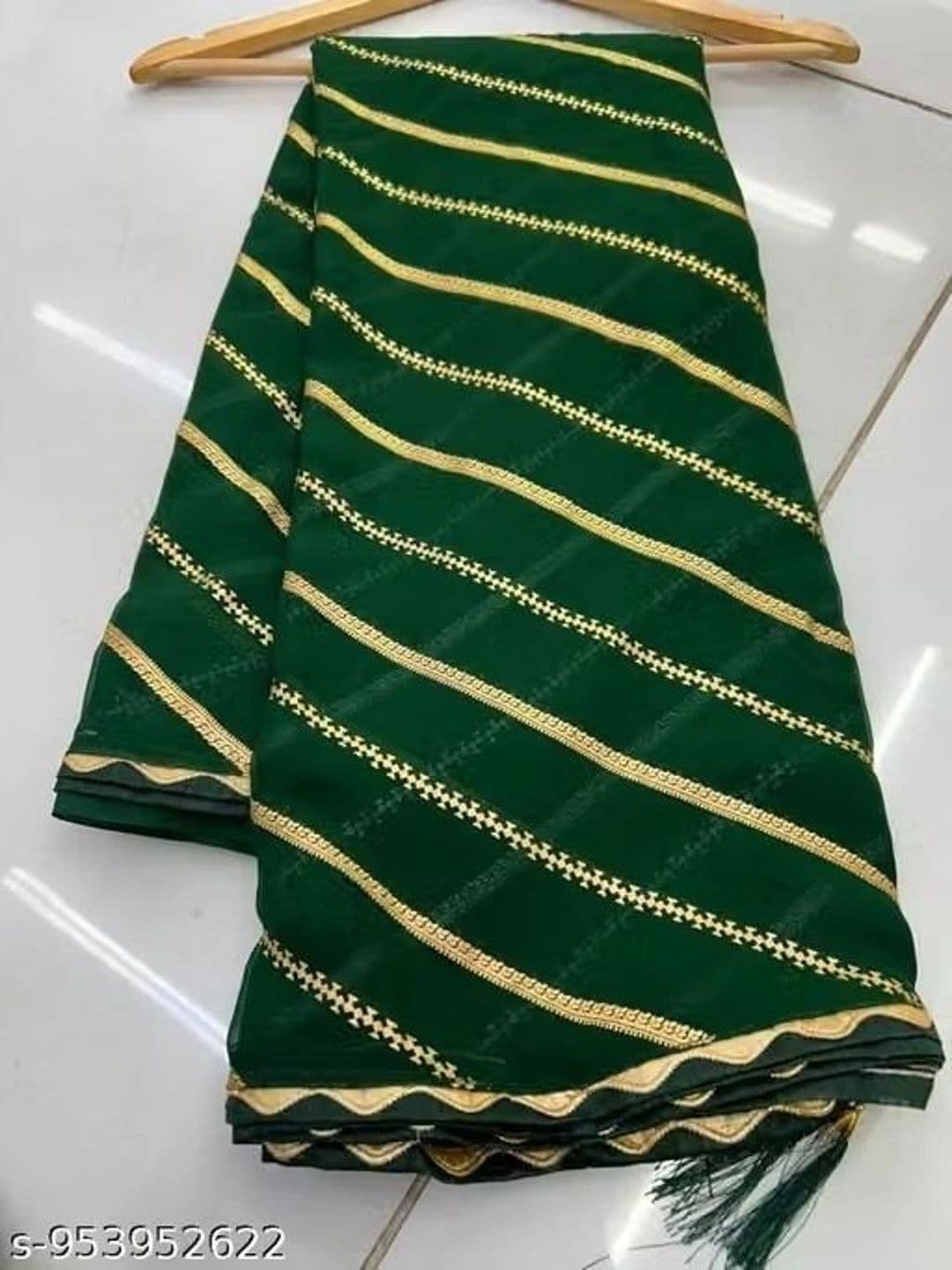 RENBRIZA Striped Zari Poly Georgette Leheriya Saree thumbnail 2