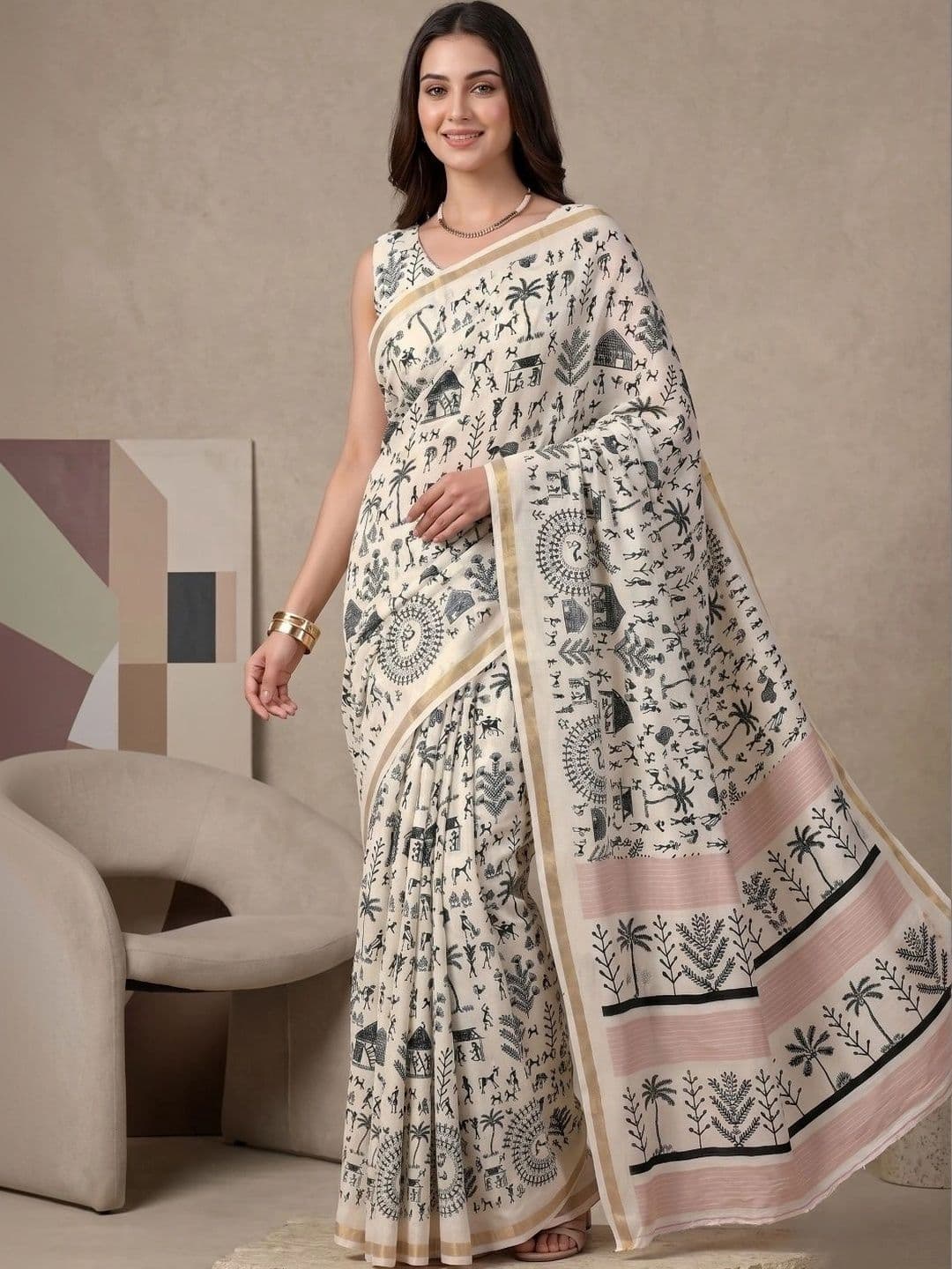 BORAD FASHION Warli Designer Chanderi Saree thumbnail 2