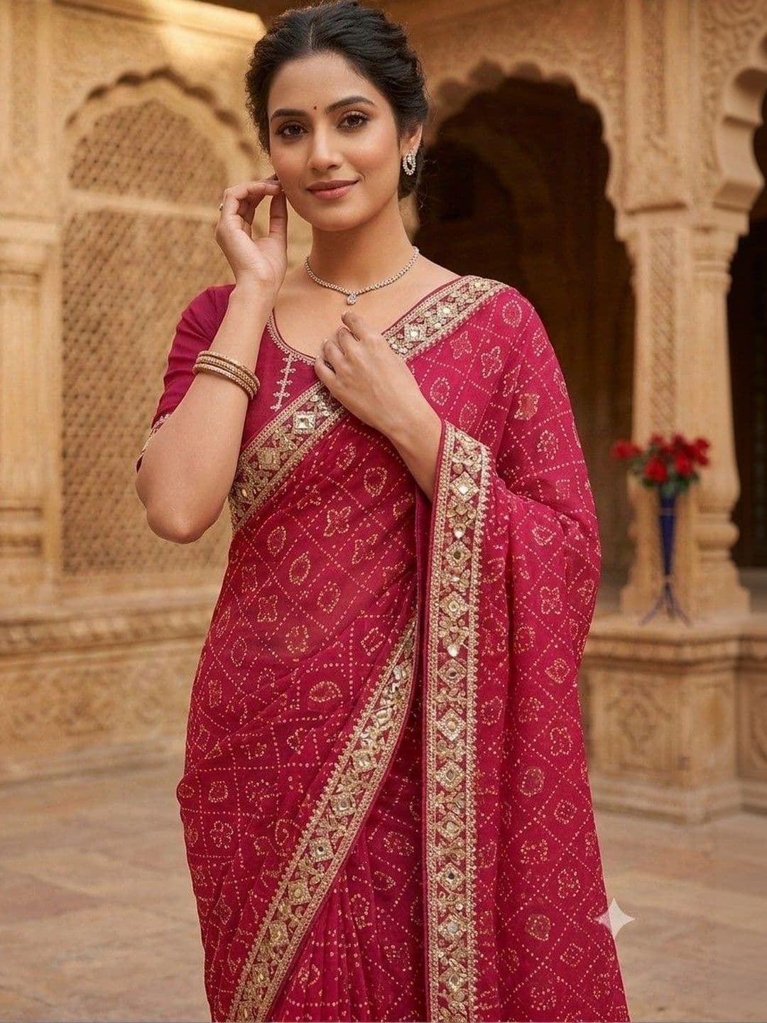 SmileyFashion Bandhani Embroidered Art Silk Designer Bandhani Saree thumbnail 4