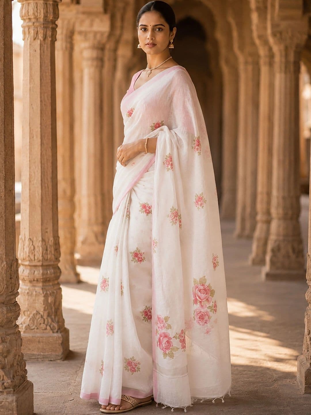 Mitera Floral Linen Blend Designer Block Print Saree thumbnail 3