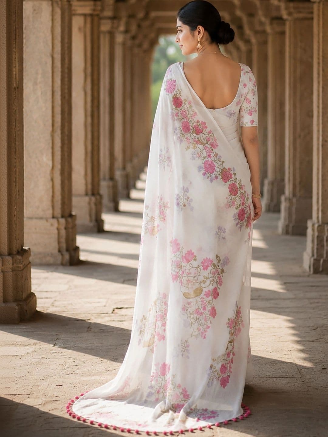 Mitera Floral Linen Blend Designer Block Print Saree thumbnail 3