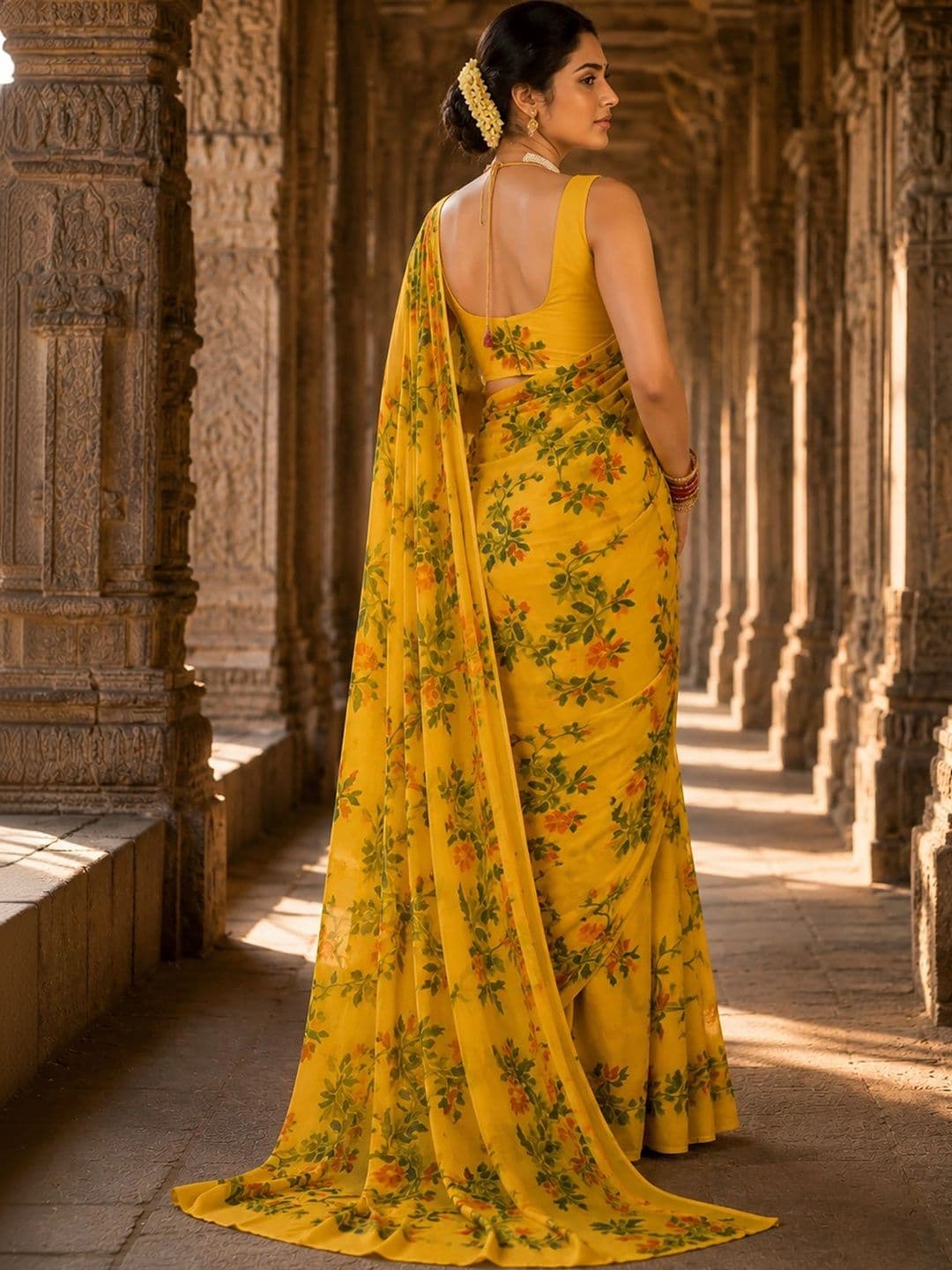 Mitera Floral Linen Blend Designer Block Print Saree thumbnail 5