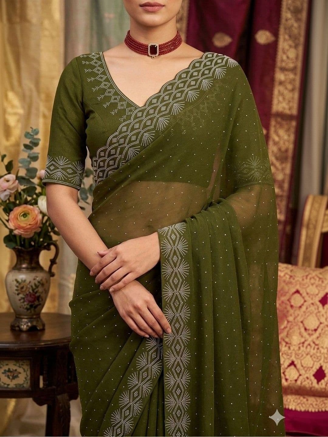 SmileyFashion Embellished Beads and Stones Pure Georgette Designer Saree thumbnail 3