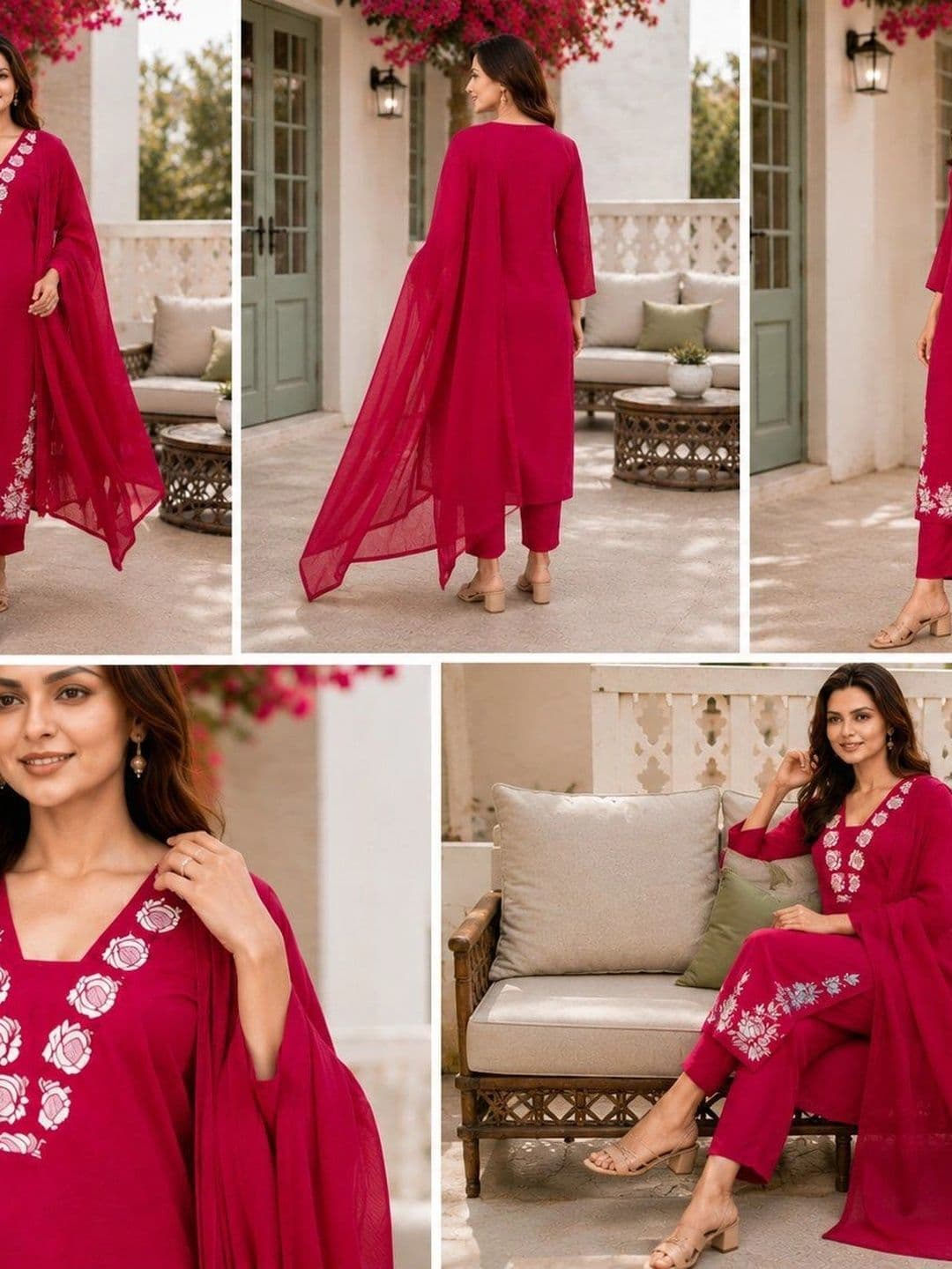 SZN Women Floral Embroidered Regular Thread Work Kurta with Trousers & With Dupatta thumbnail 6