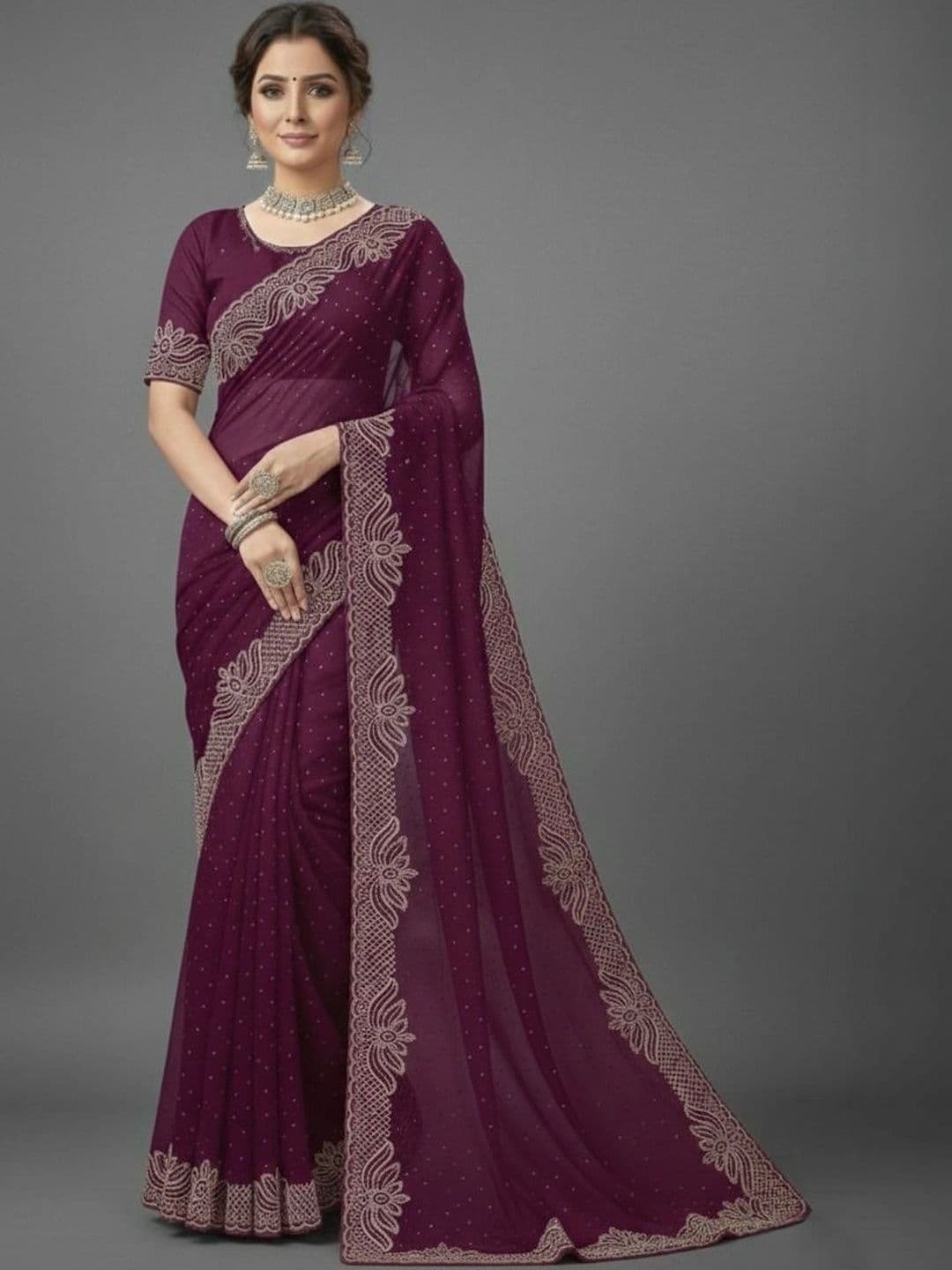 RENBRIZA Embroidered Poly Georgette Saree - view 1