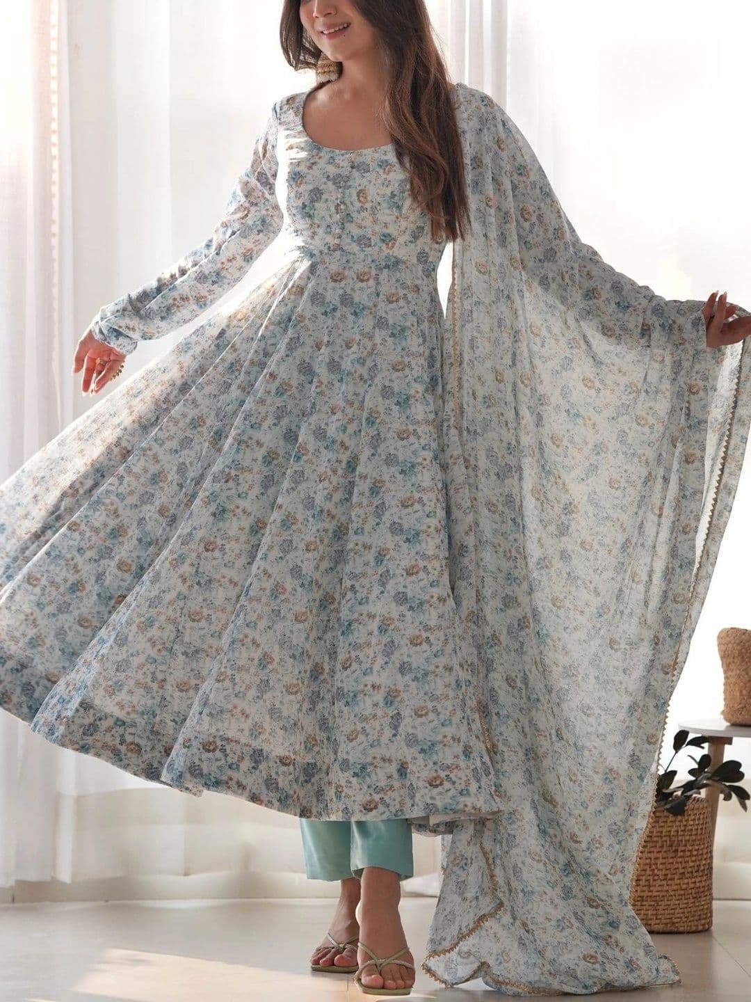 PALMIRA Women Floral Printed Empire Kurta with Trousers & With Dupatta thumbnail 5