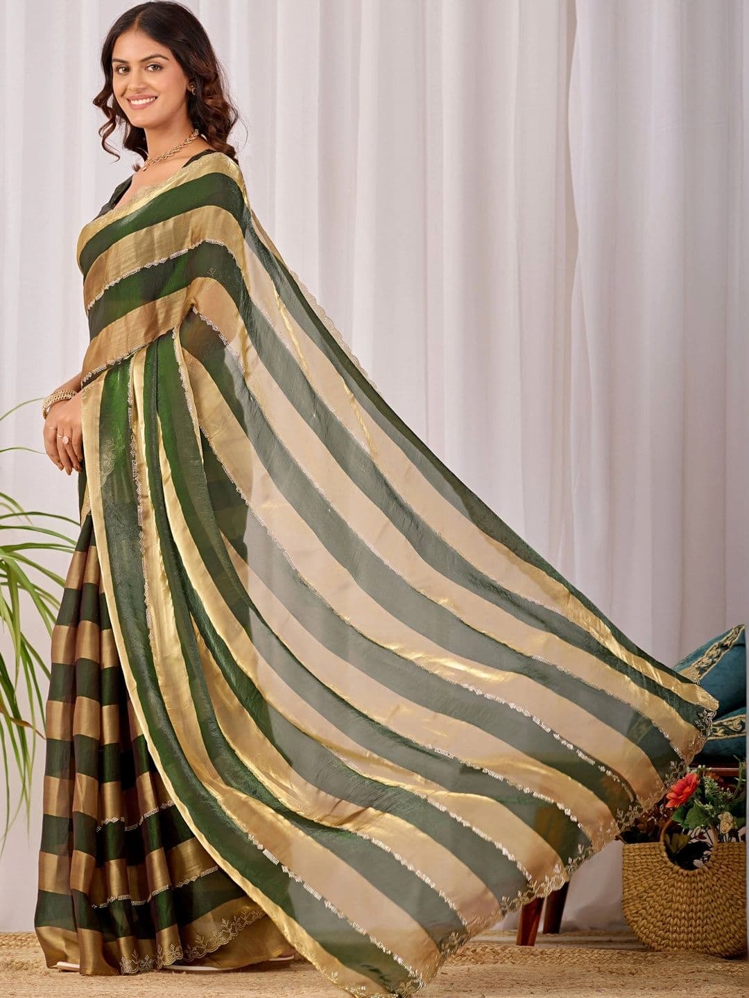 K 5 Fashion Striped Embroidered Satin Fusion Ikat Saree thumbnail 7