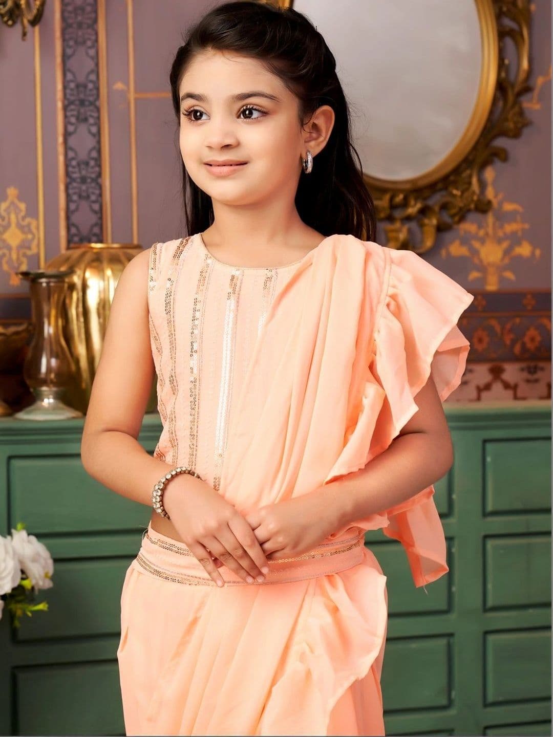 BAESD Girls Embellished Sequinned Ready to Wear Lehenga & thumbnail 3