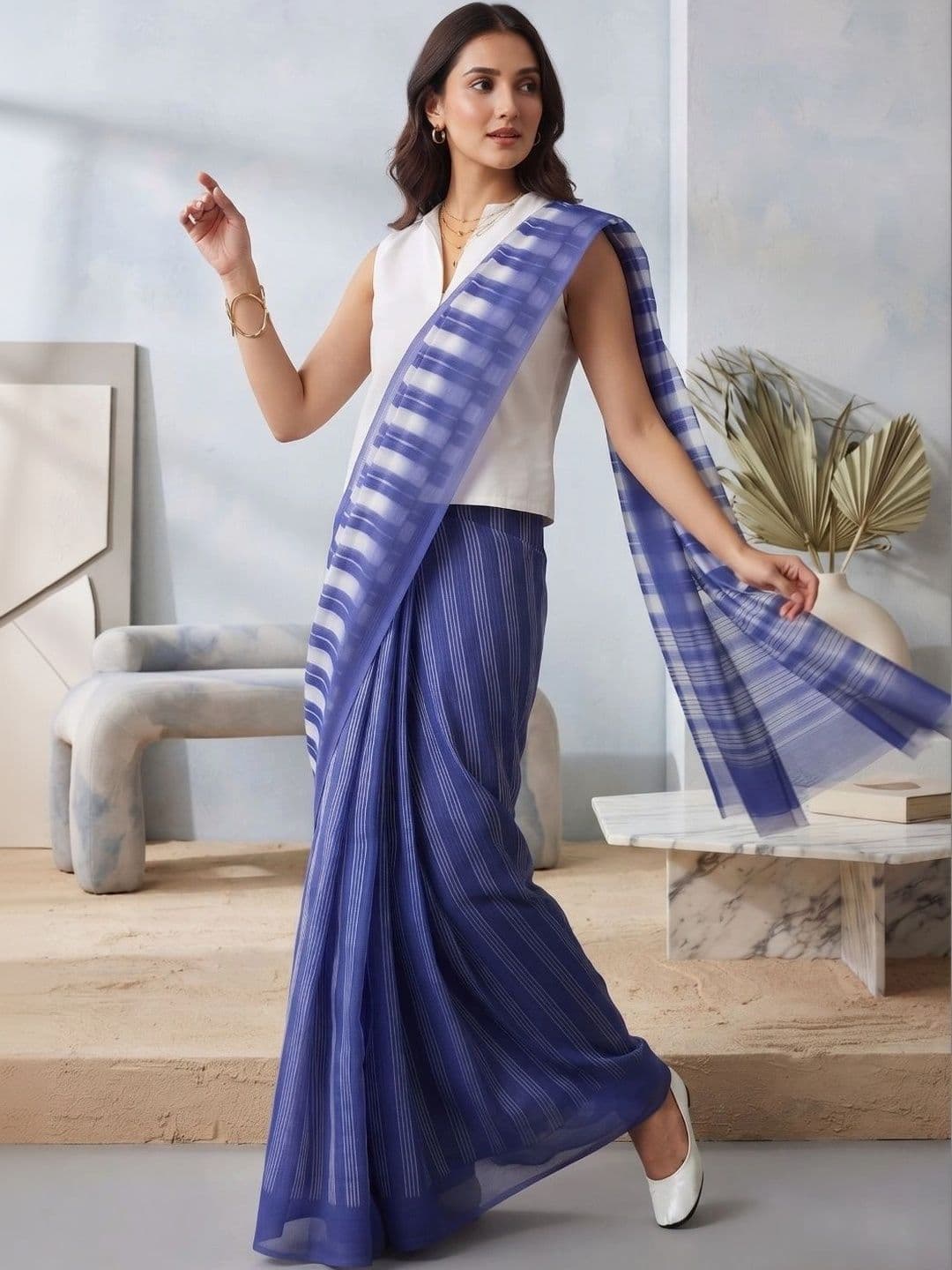 BORAD FASHION Striped Designer Chanderi Saree thumbnail 2