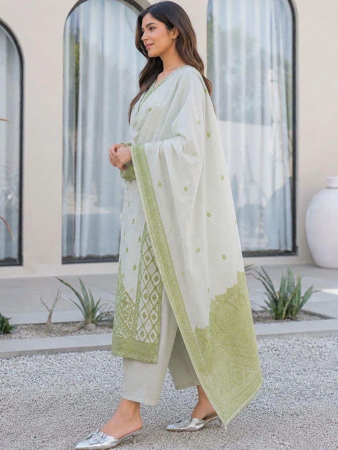 evadesignerstudio Women Ethnic Embroidered Pure Cotton Kurta with Trousers & With thumbnail 5