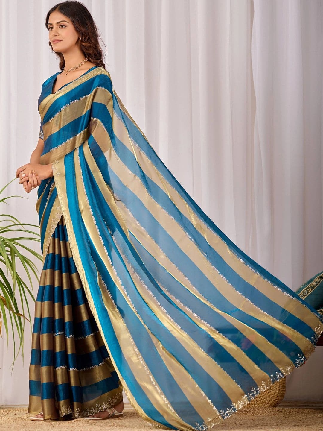K 5 Fashion Striped Zari Satin Fusion Ikat Saree thumbnail 4