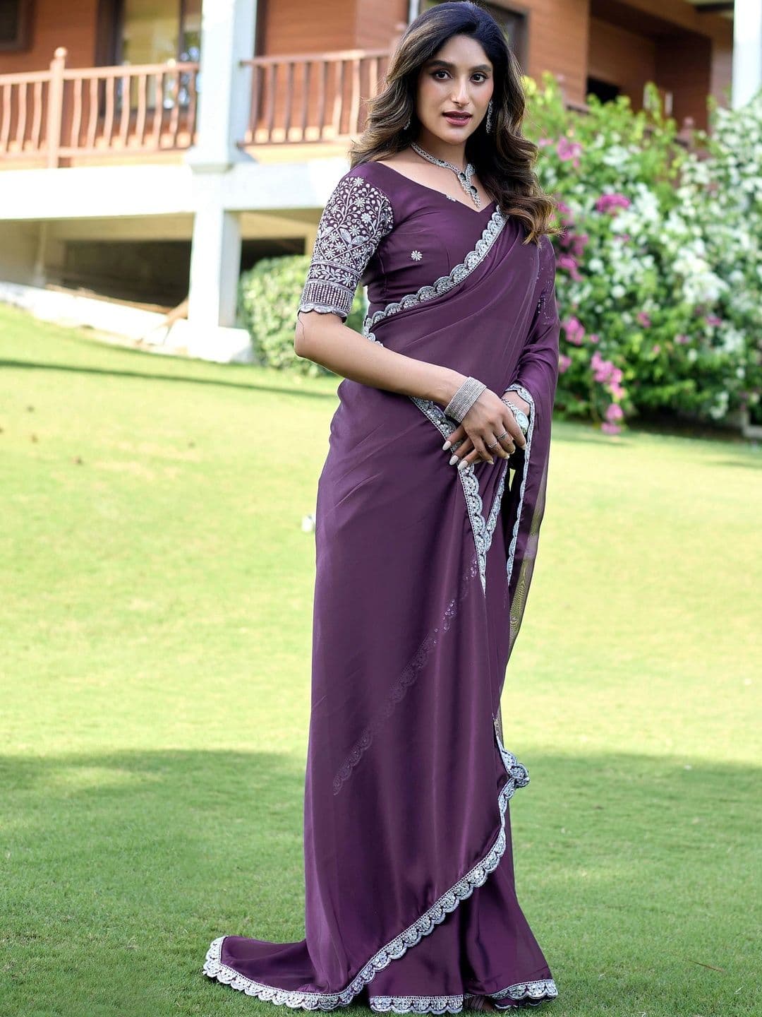 K 5 Fashion Ethnic Motifs Embroidered Pure Georgette Fusion Ikat Saree thumbnail 4