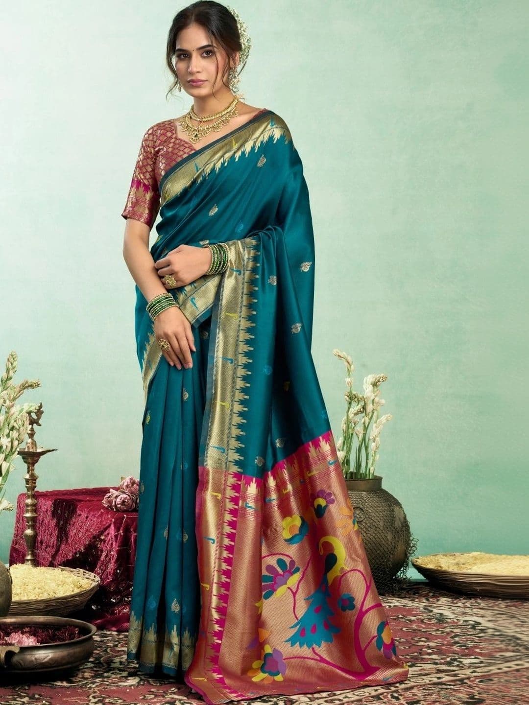 BORAD FASHION  Women Woven Design Zari Silk Blend Designer Paithani Saree - view 1