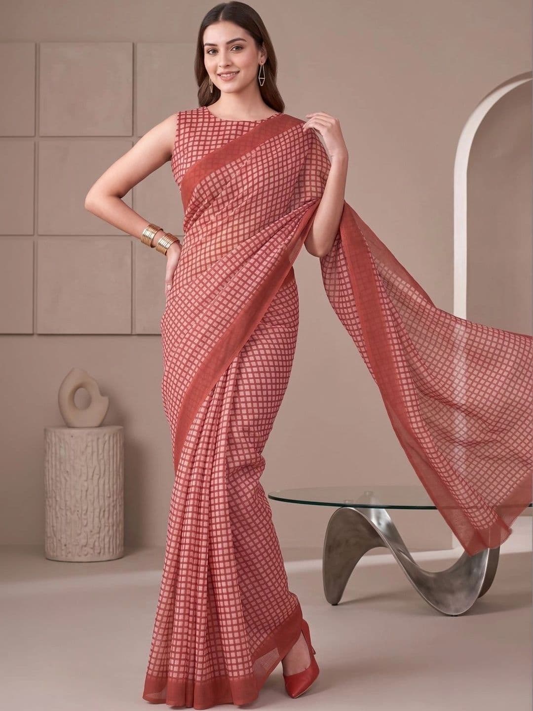 BORAD FASHION Checked Designer Chanderi Saree thumbnail 3
