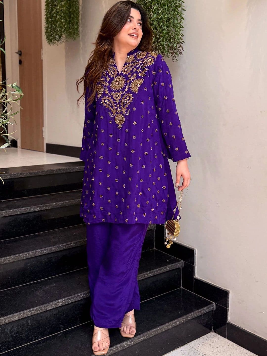 KALINI Women Ethnic Motifs Embroidered Regular Thread Work Silk Crepe Kurta with Palazzos thumbnail 5