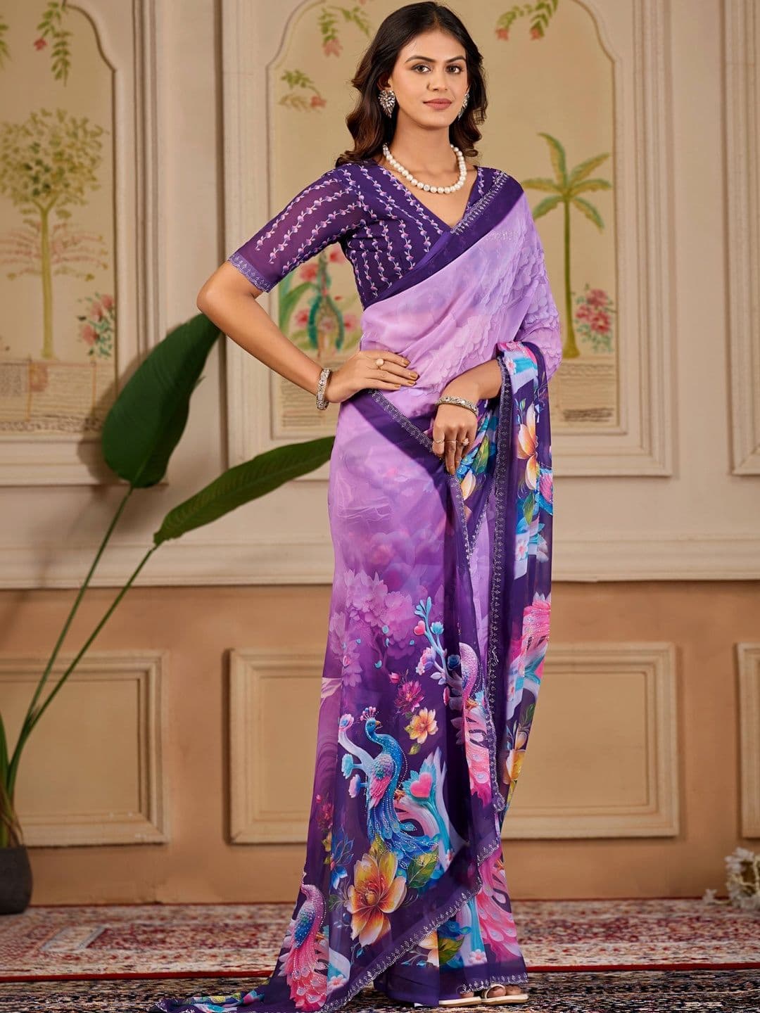 K 5 Fashion Floral Embroidered Pure Georgette Fusion Ikat Saree thumbnail 5