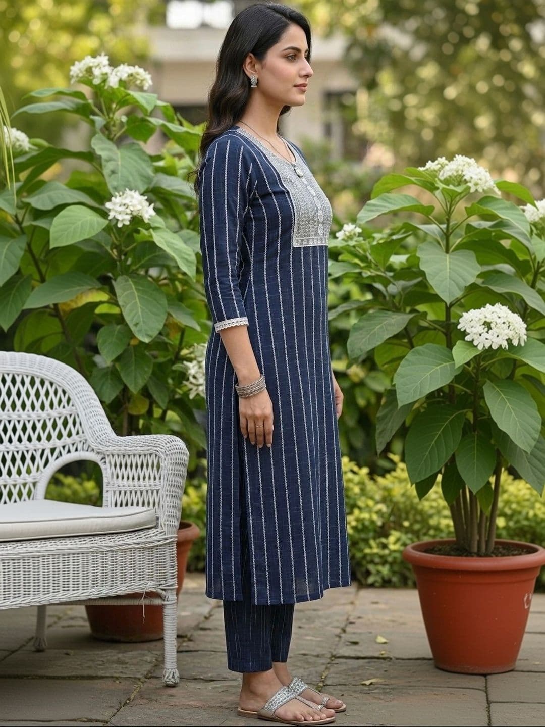 Khasmuda Attire Women Striped Regular Thread Work Pure Cotton Kurta with Trousers thumbnail 2