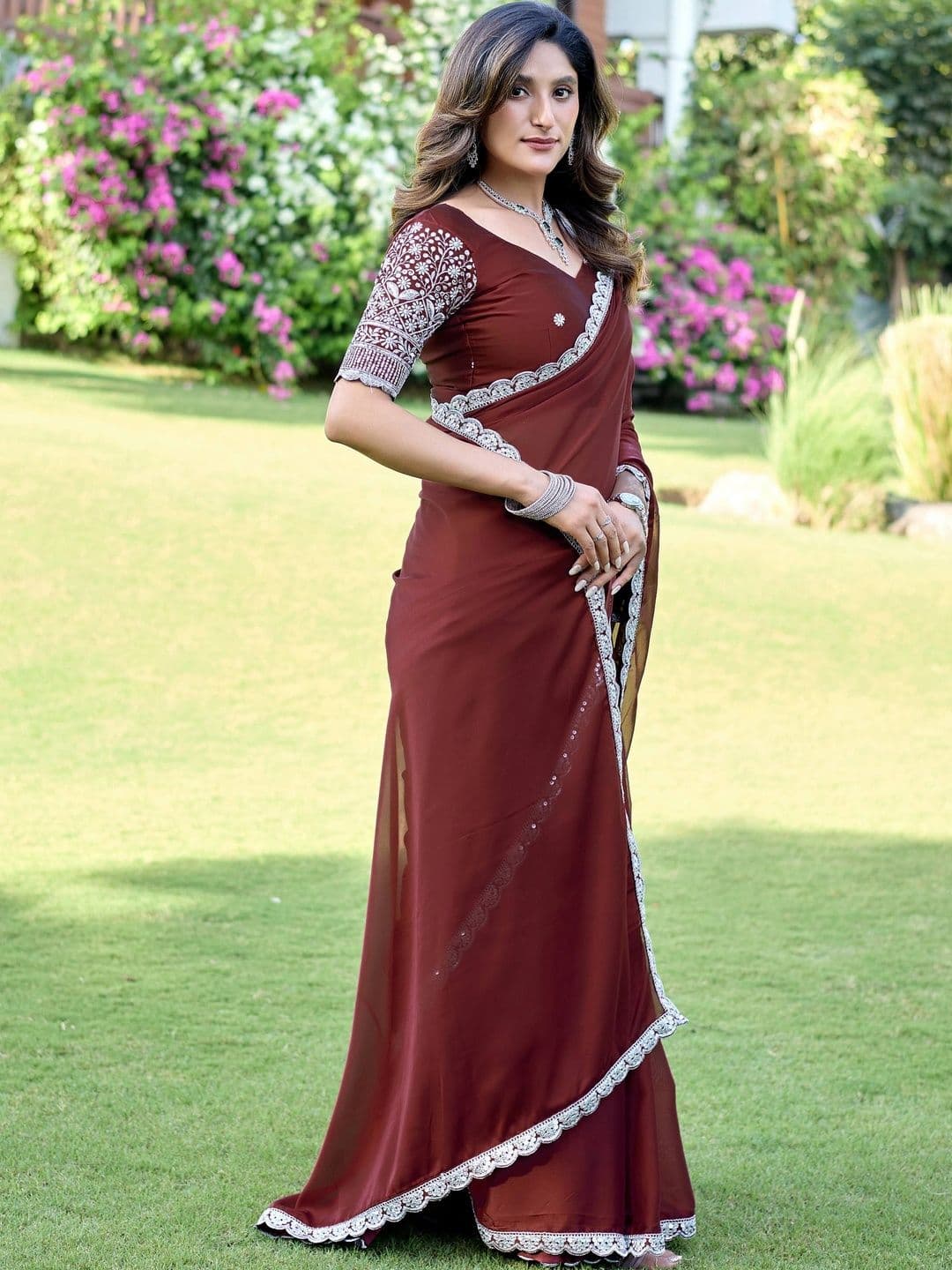 K 5 Fashion Ethnic Motifs Embroidered Pure Georgette Fusion Ikat Saree thumbnail 5